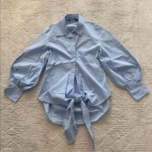 Zara Light Blue Button-Up Blouse with Tie Detail